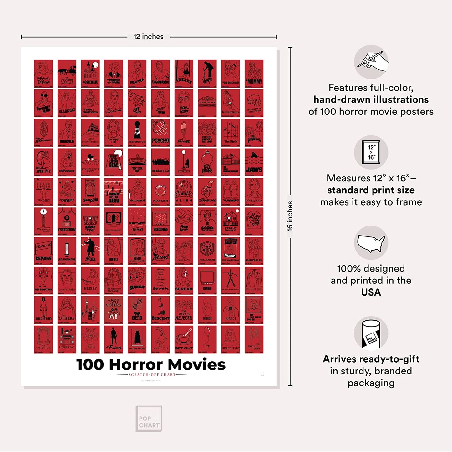Pop Chart | 100 Horror Movies Scratch-Off Poster | 12" X 16" Halloween Art Print | Bucket List Wall Decor for the Scary Movie Fan | 100% Made in the USA