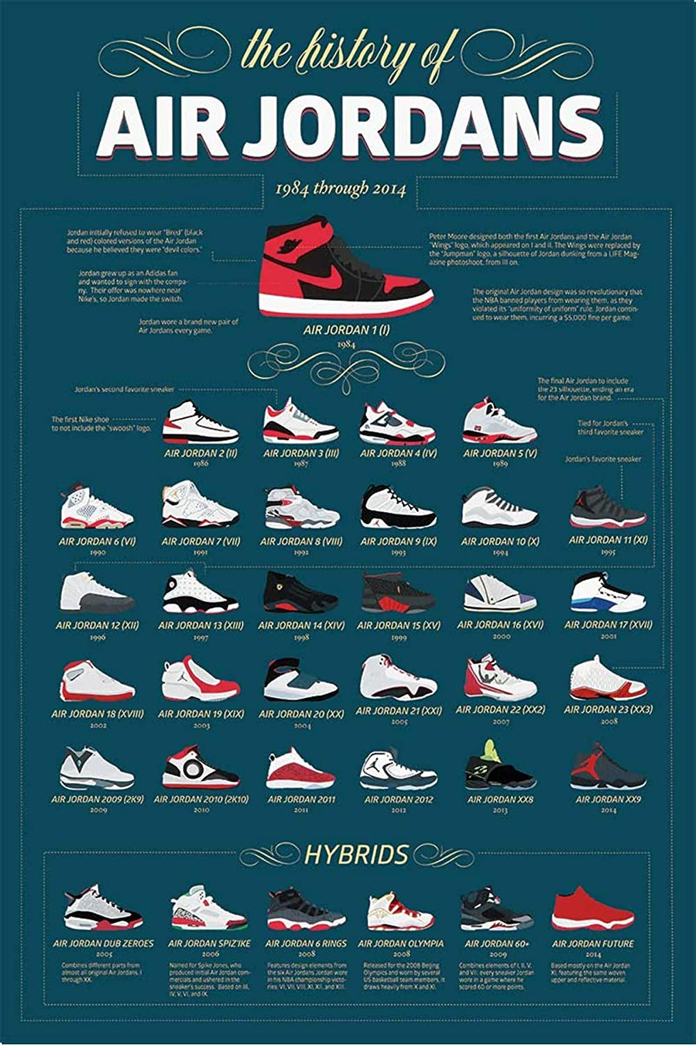 the History of Air Jordans 1984 through 2014 Info-Graphic 36X24 Basketball Sports Art Print Poster, Green, White, Red, Black