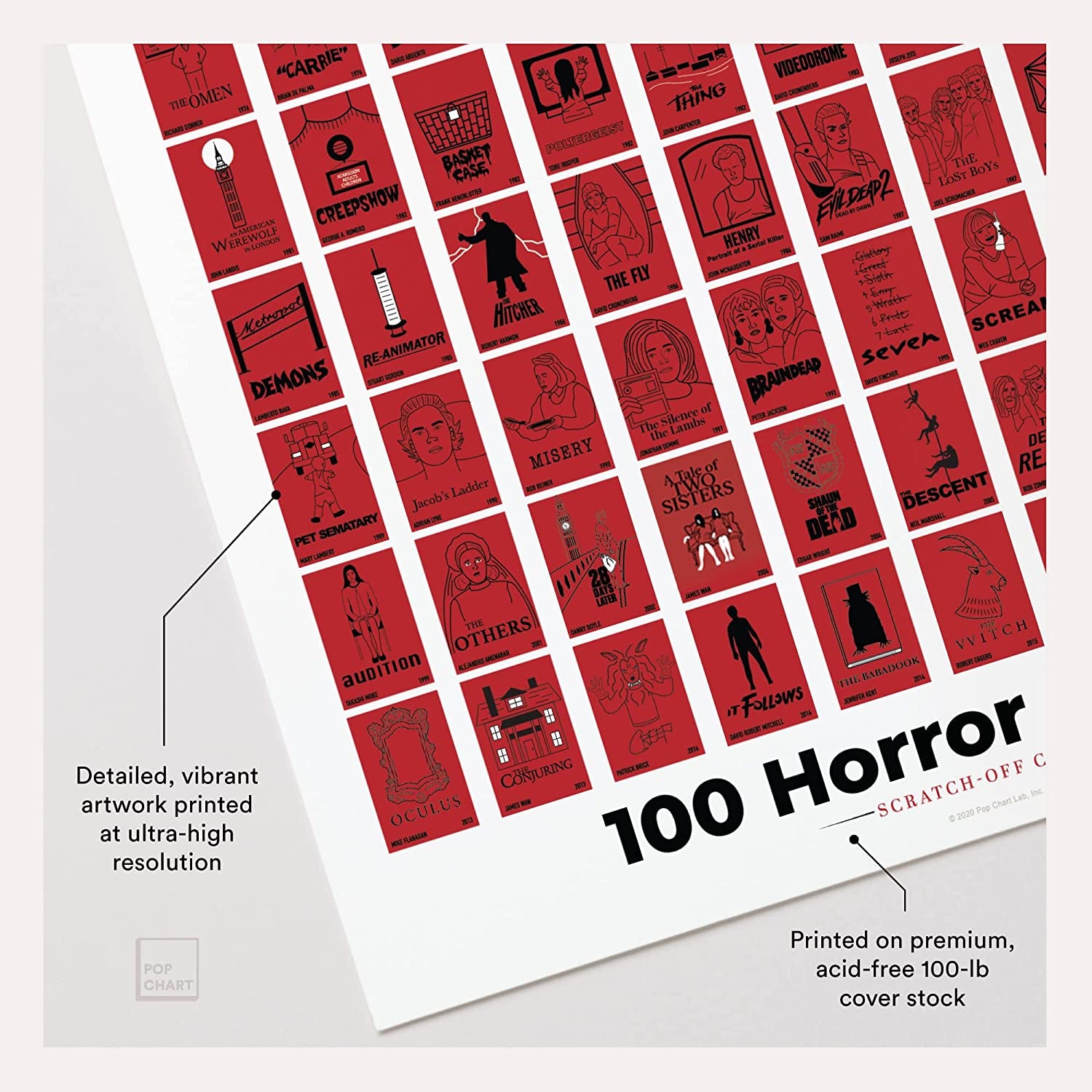 Pop Chart | 100 Horror Movies Scratch-Off Poster | 12" X 16" Halloween Art Print | Bucket List Wall Decor for the Scary Movie Fan | 100% Made in the USA