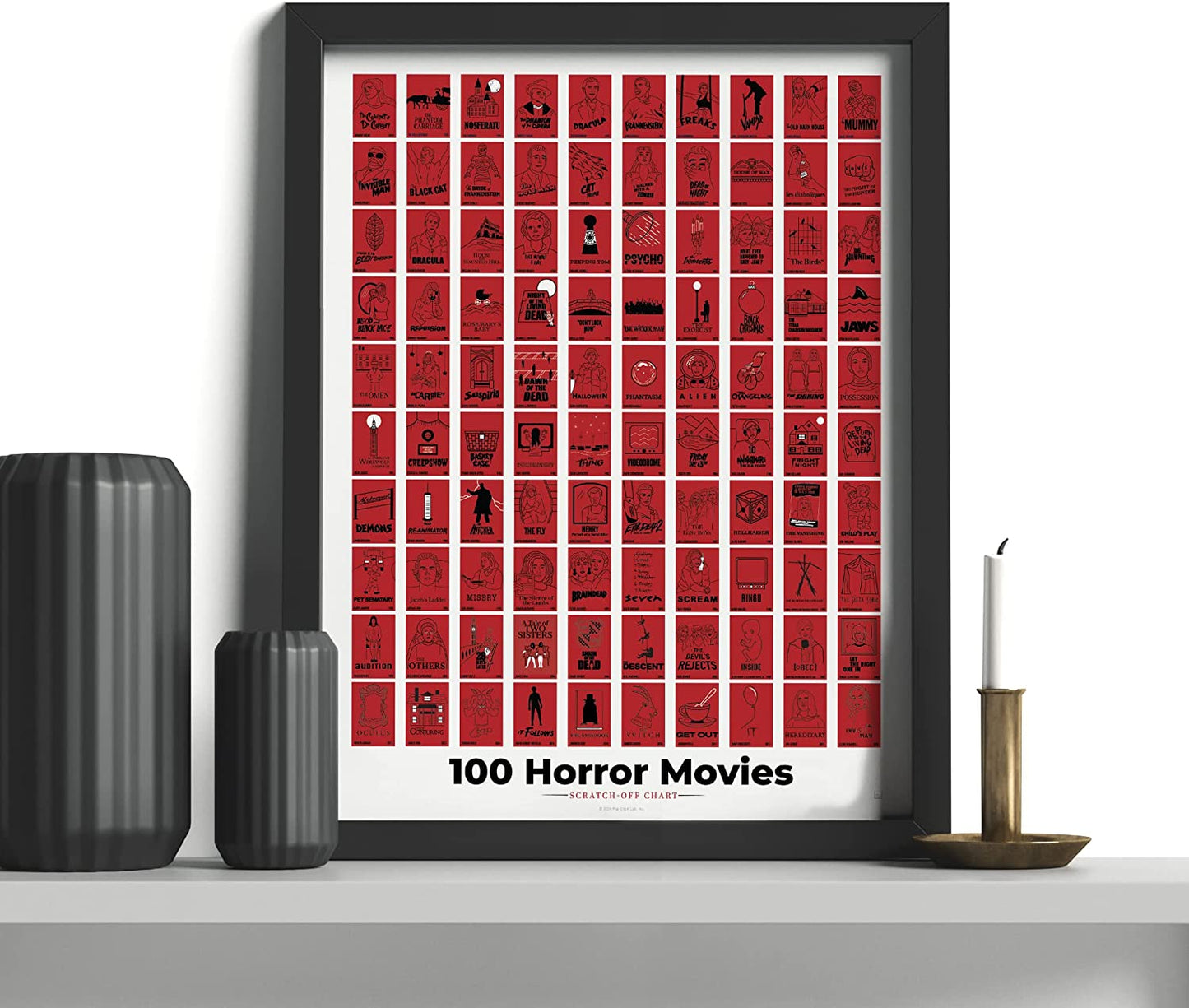 Pop Chart | 100 Horror Movies Scratch-Off Poster | 12" X 16" Halloween Art Print | Bucket List Wall Decor for the Scary Movie Fan | 100% Made in the USA