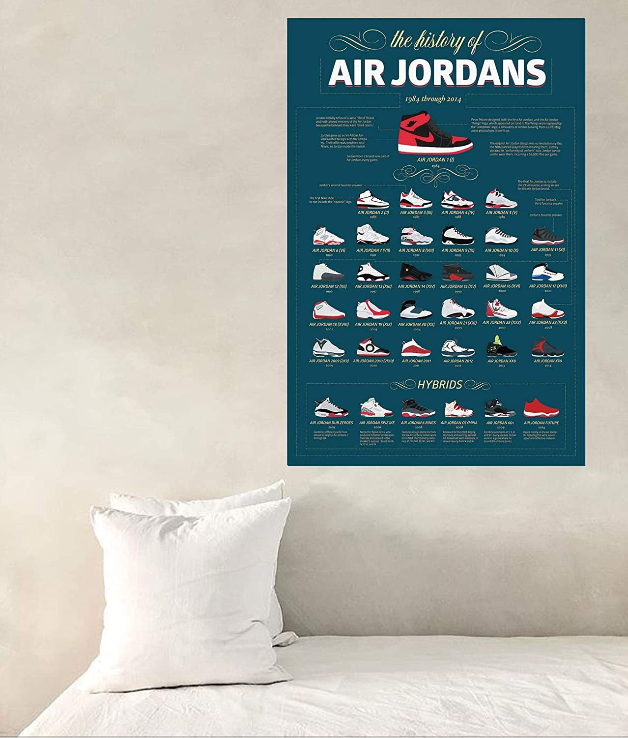 the History of Air Jordans 1984 through 2014 Info-Graphic 36X24 Basketball Sports Art Print Poster, Green, White, Red, Black